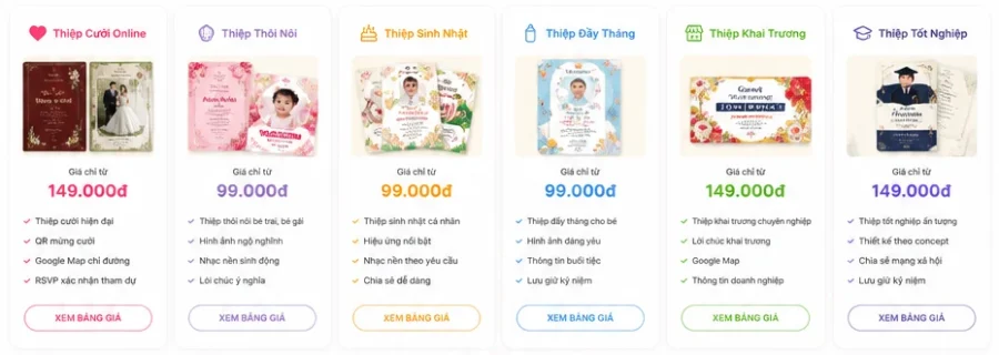 Bảng giá dịch vụ thiệp online WeddingCard từ 99k