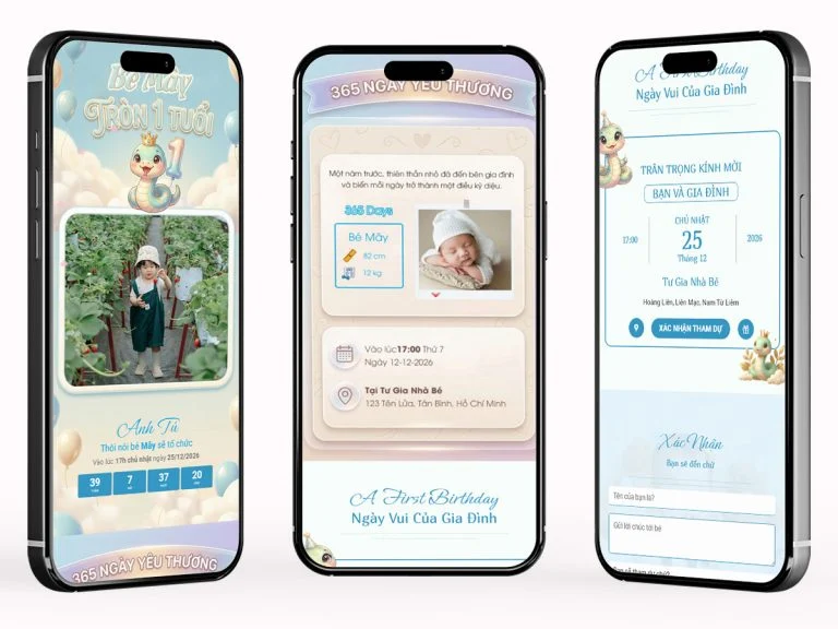 thiệp thôi nôi online đẹp cho bé hiển thị trên điện thoại
